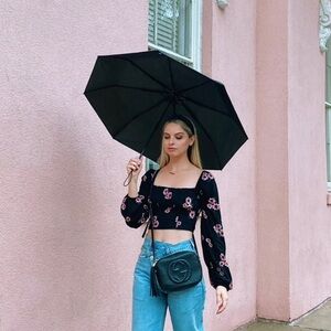 wild fable Black Cropped Long-Sleeve Top with Pink Floral Print
